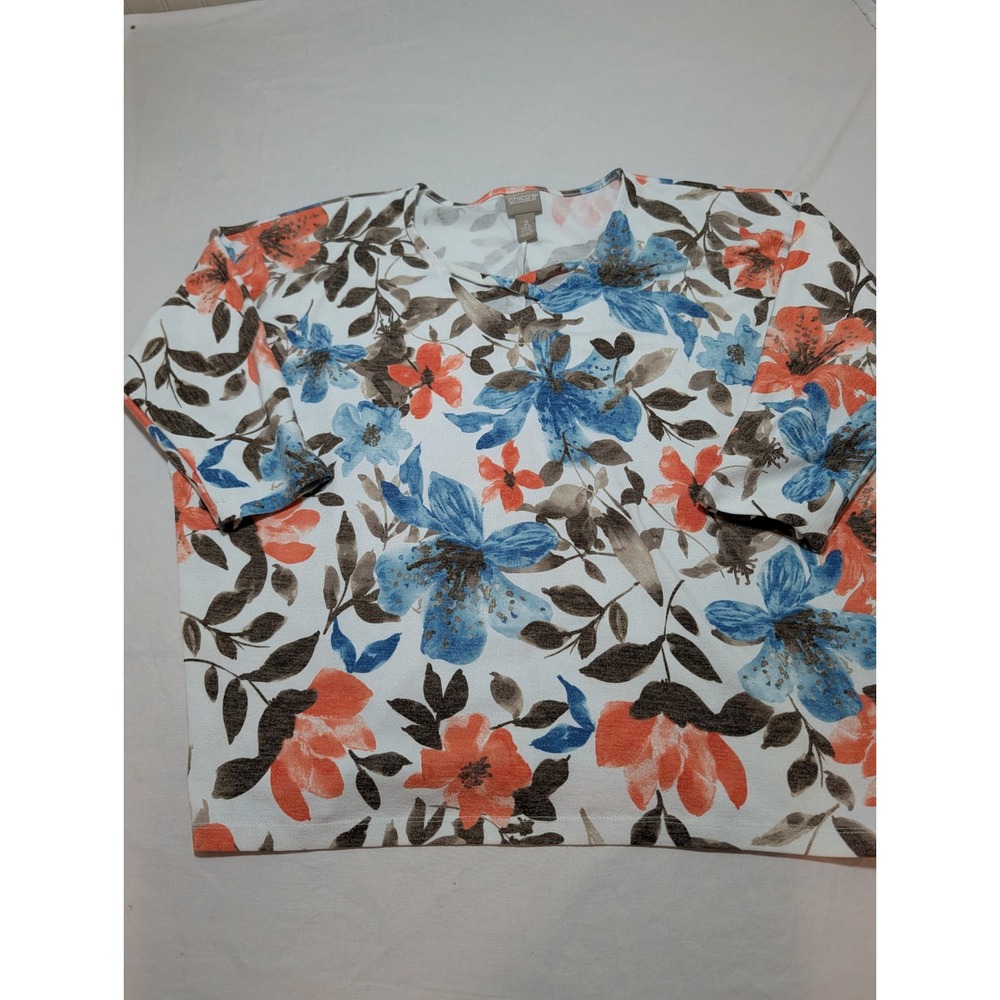 Chicos Floral Knit Top Blue Orange White 3/4 Sleeve Size 2 L 570311224